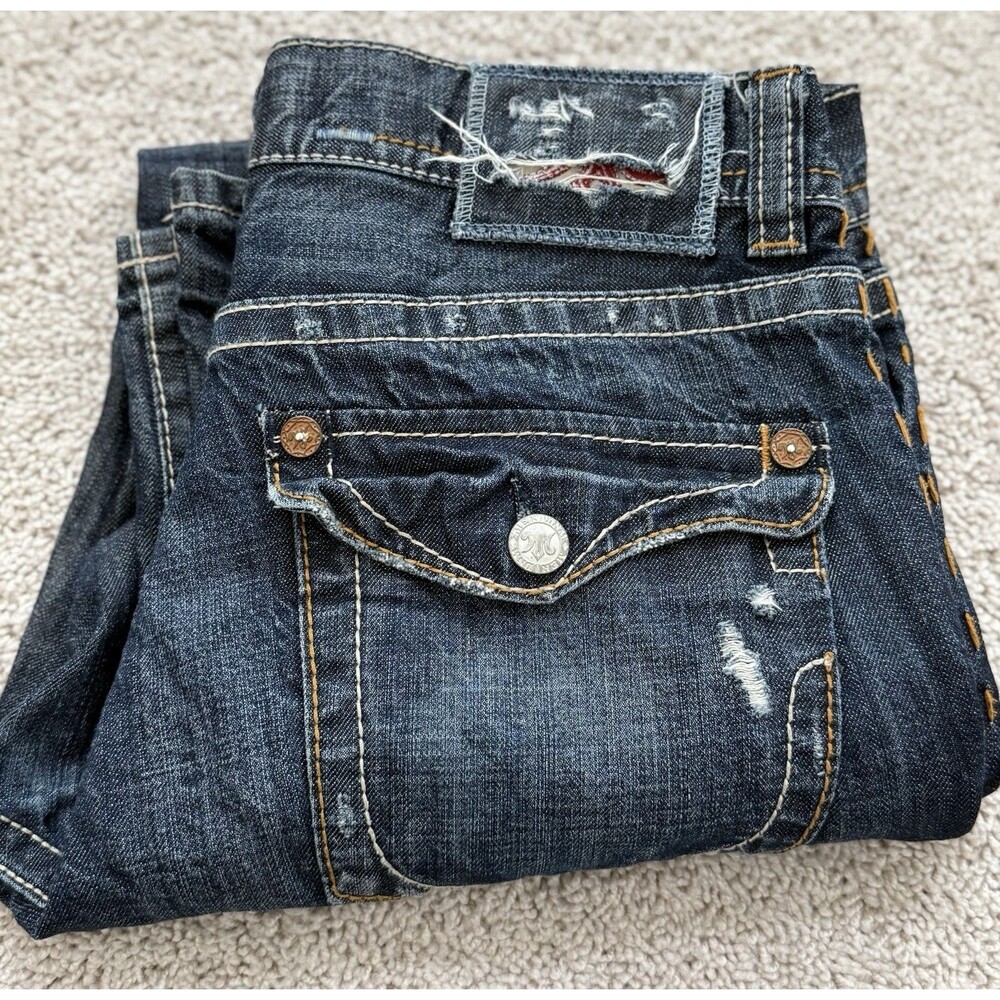 MEK DNM Bootcut Jeans Mens 34X32 Blue Whiskered Cotton Button Fly Thick Stitch